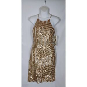 Sequin Hearts Champagne Halter Sequin Short Party Dress Sz 3 Keyhole Back Gown